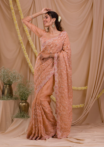 Peach Stonework Net Saree-Koskii