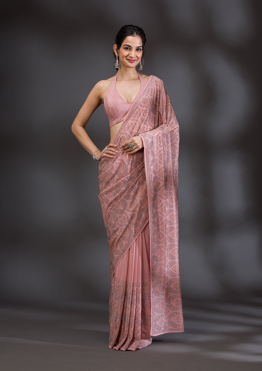 Peach Stonework Satin Saree