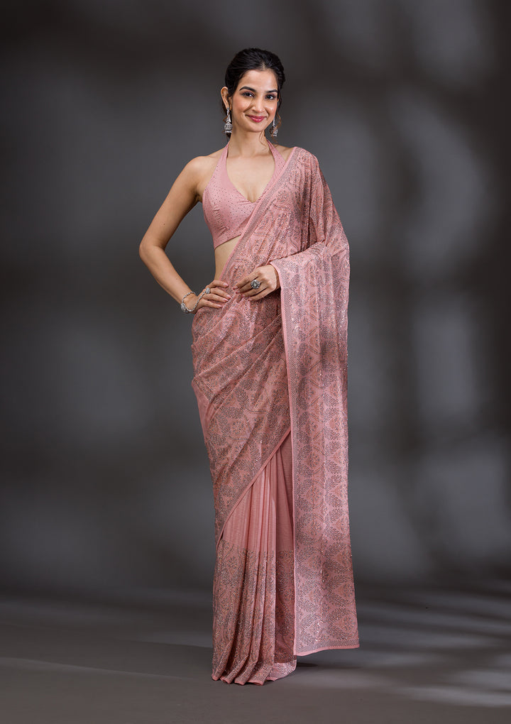 Peach Stonework Satin Saree