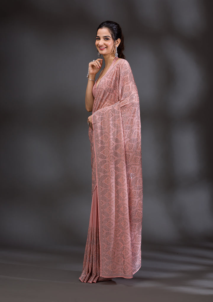 Peach Stonework Satin Saree