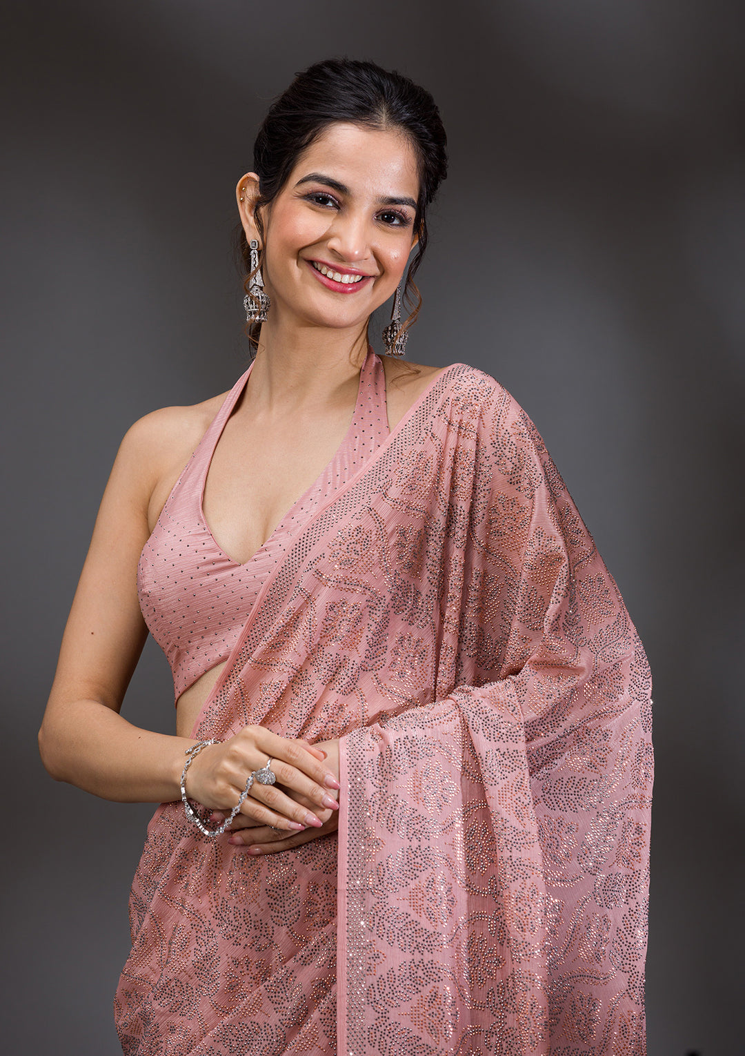 Peach Stonework Satin Saree