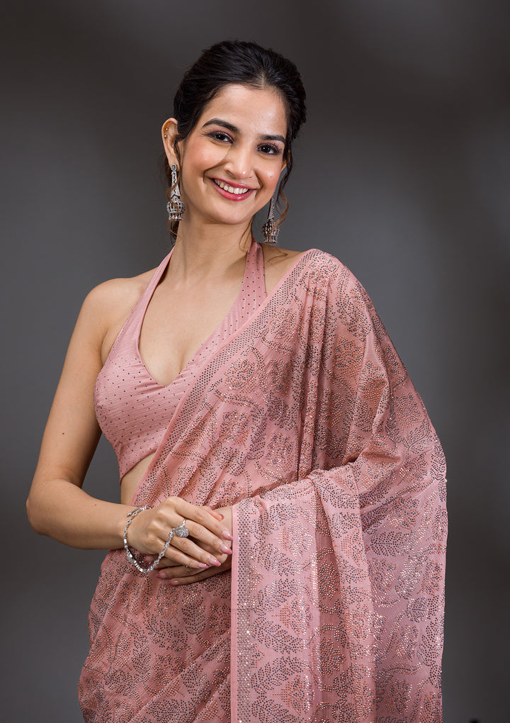 Peach Stonework Satin Saree