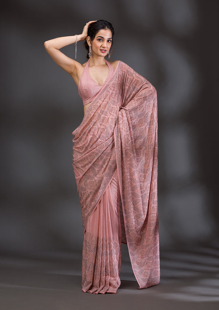 Peach Stonework Satin Saree