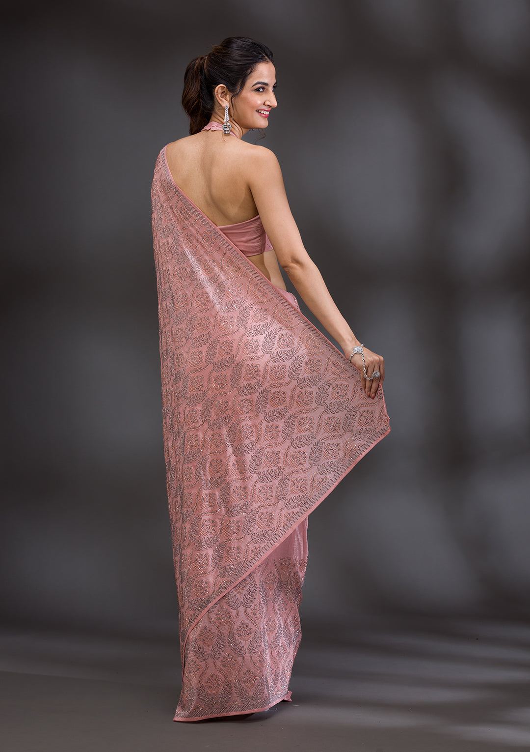 Peach Stonework Satin Saree