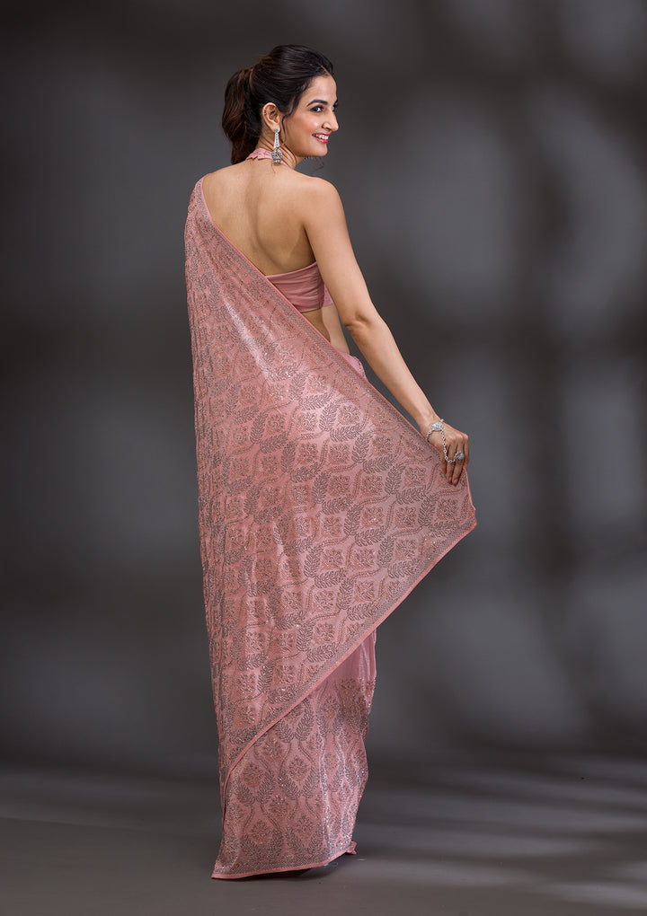 Peach Stonework Satin Saree