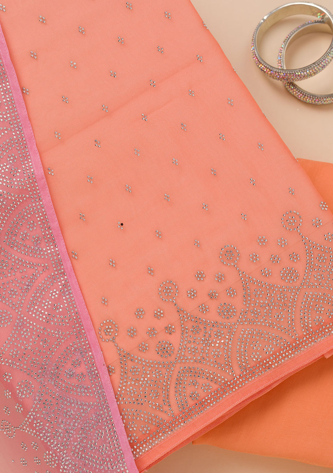 Peach Stonework Tissue Unstitched Salwar Suit