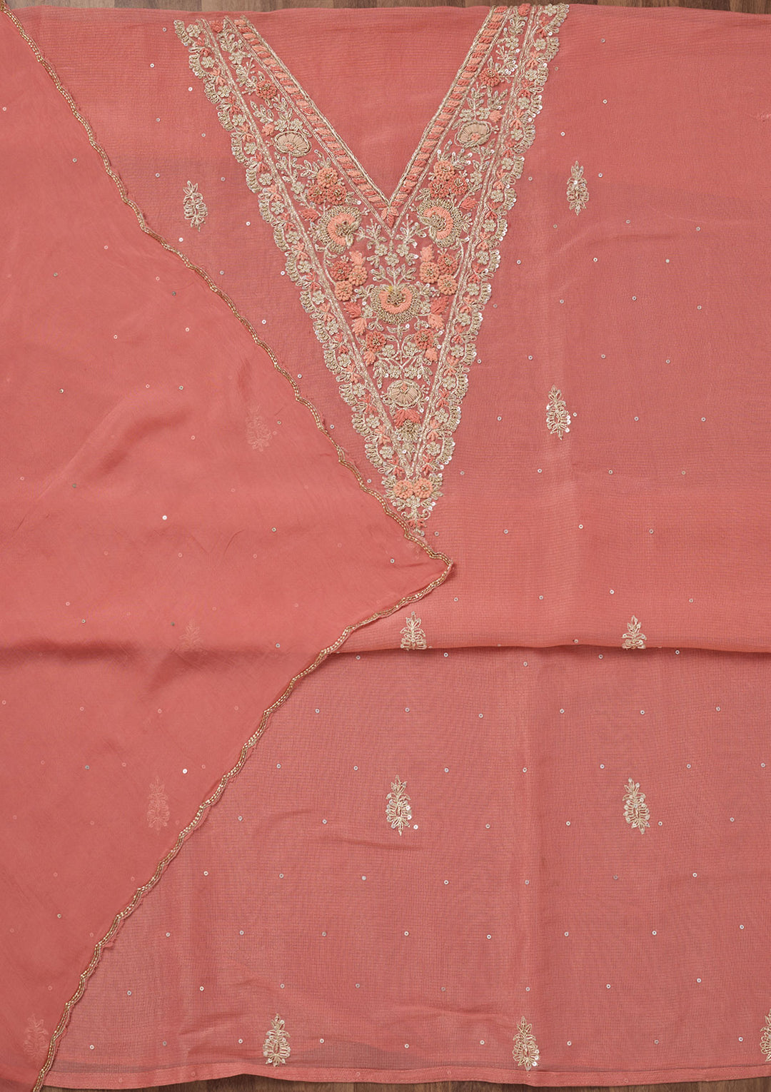 Peach Stonework Tissue Unstitched Salwar Suit