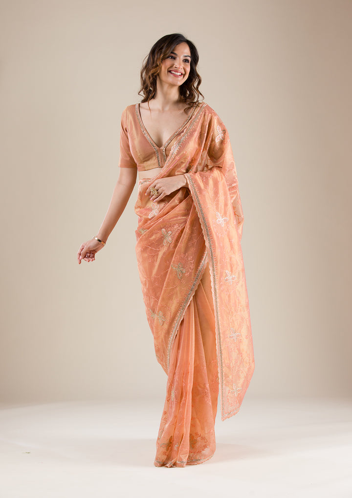 Peach Stonework Tissue Saree