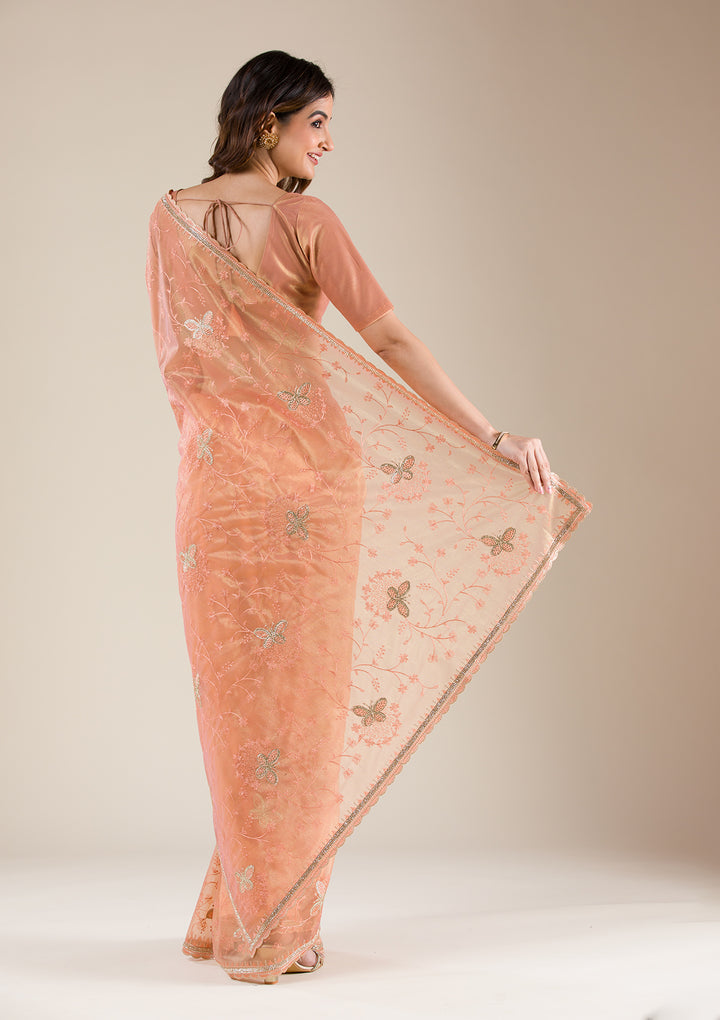 Peach Stonework Tissue Saree