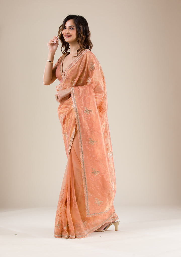 Peach Stonework Tissue Saree