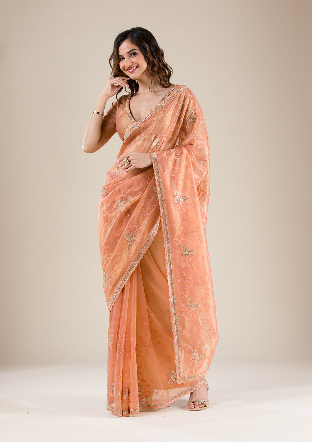 Peach Stonework Tissue Saree