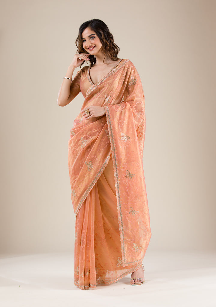 Peach Stonework Tissue Saree