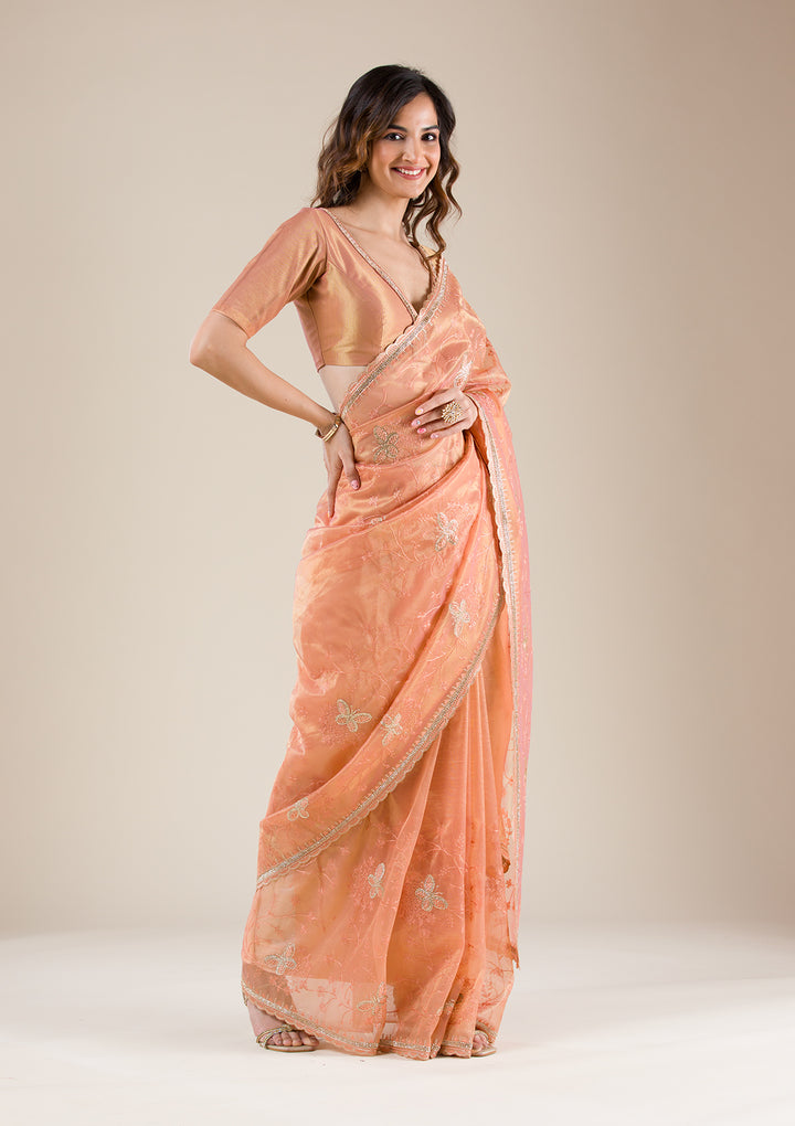 Peach Stonework Tissue Saree