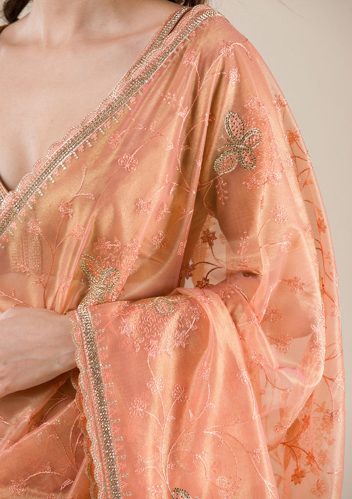 Peach Stonework Tissue Saree