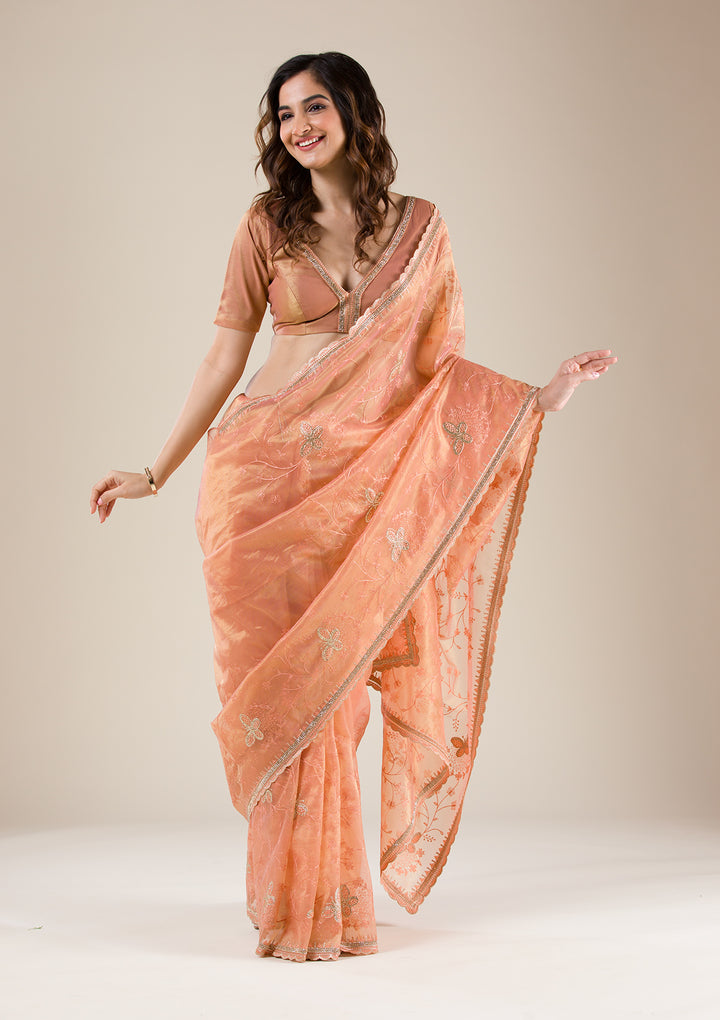 Peach Stonework Tissue Saree