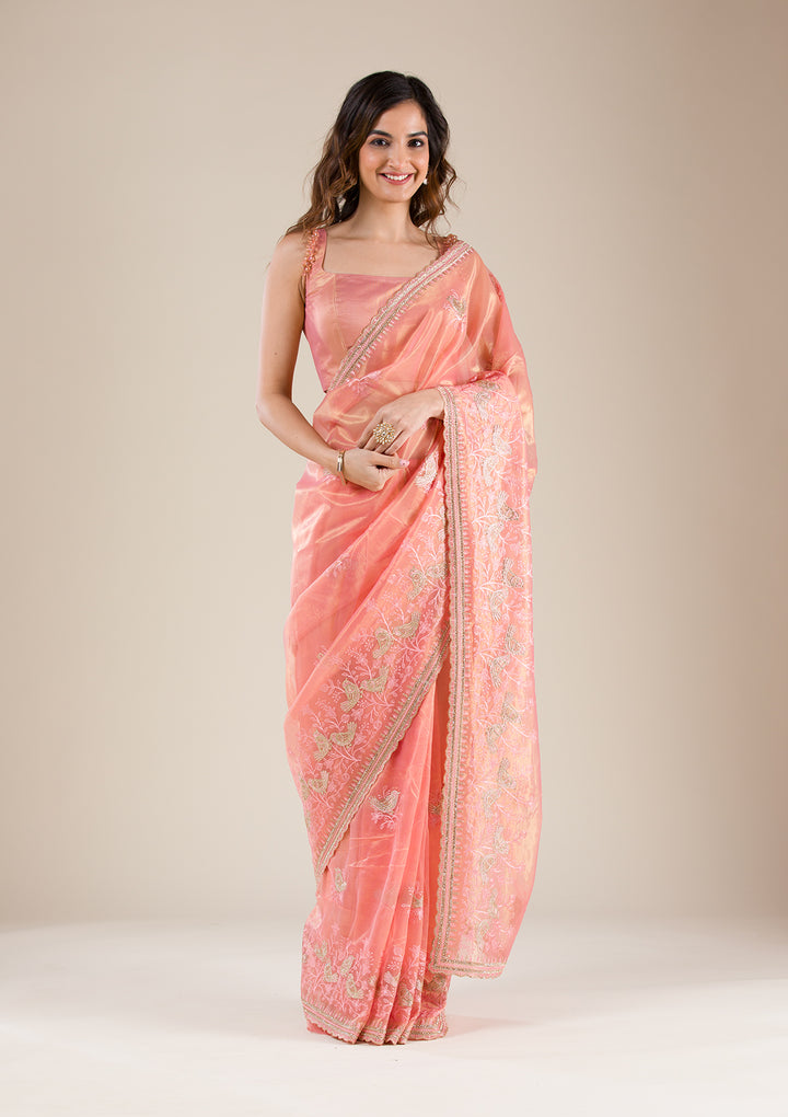 Peach Stonework Tissue Saree