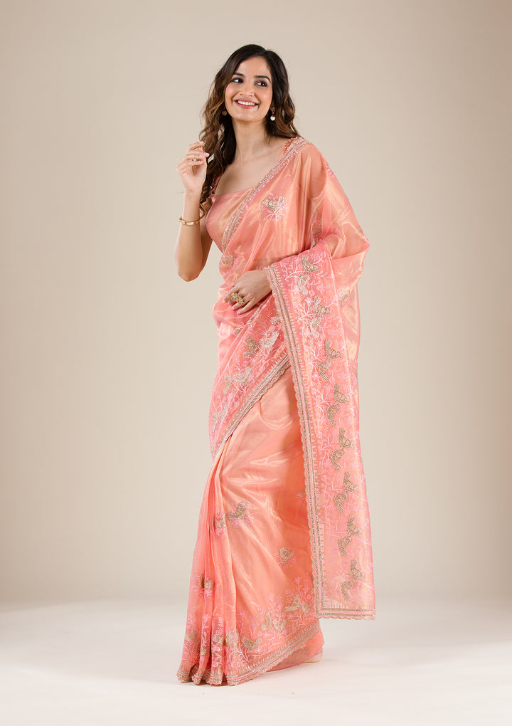 Peach Stonework Tissue Saree