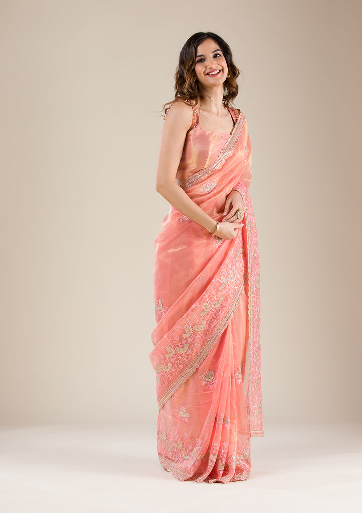 Peach Stonework Tissue Saree