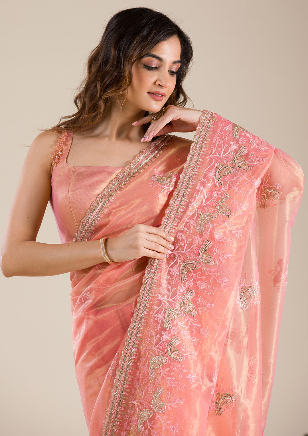 Peach Stonework Tissue Saree