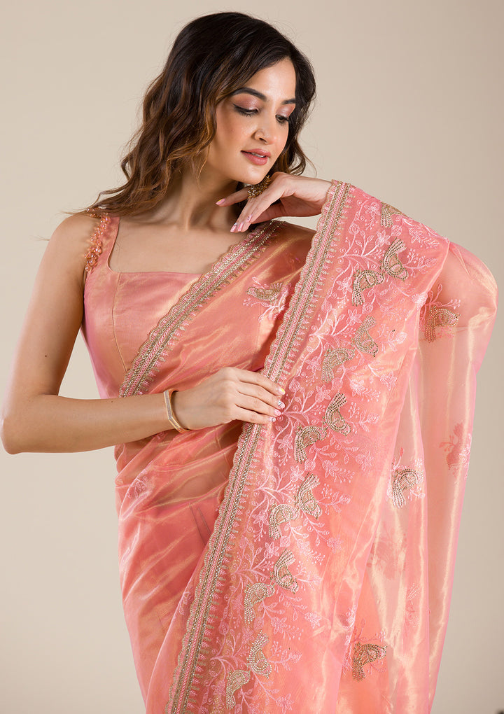 Peach Stonework Tissue Saree