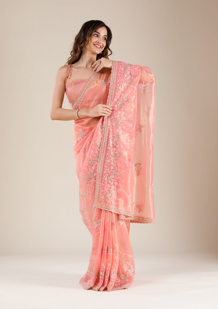 Peach Stonework Tissue Saree