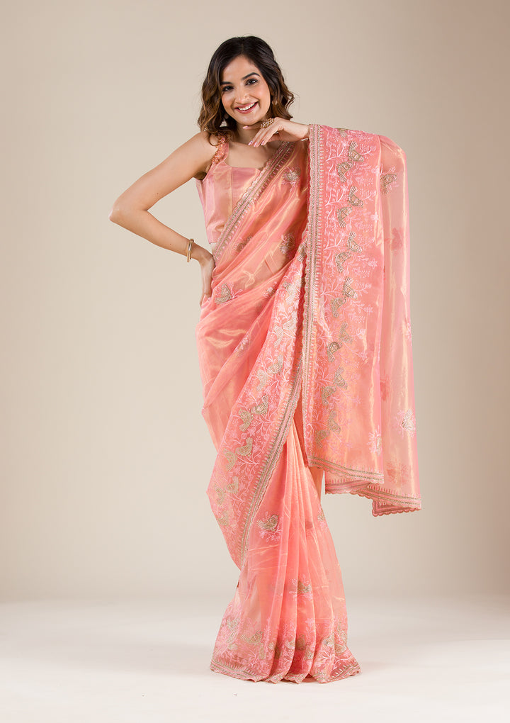 Peach Stonework Tissue Saree
