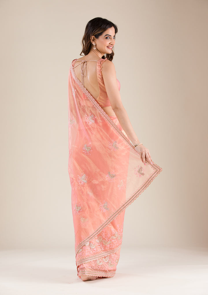 Peach Stonework Tissue Saree