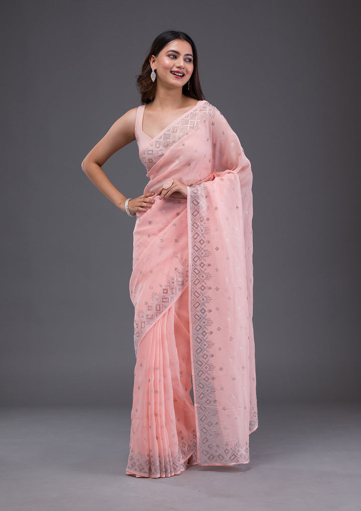 Peach Swarovski Satin Saree