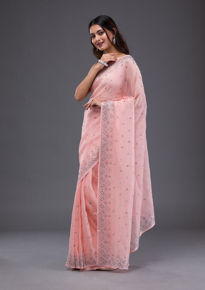 Peach Swarovski Satin Saree