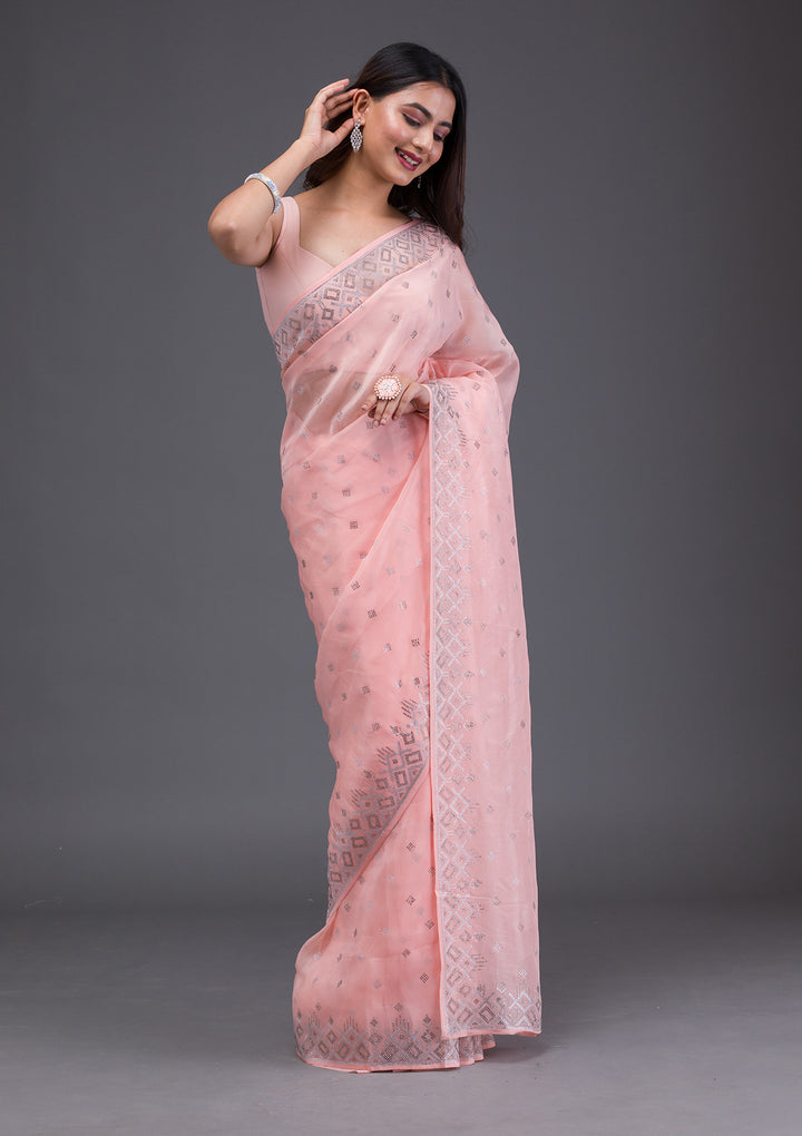 Peach Swarovski Satin Saree