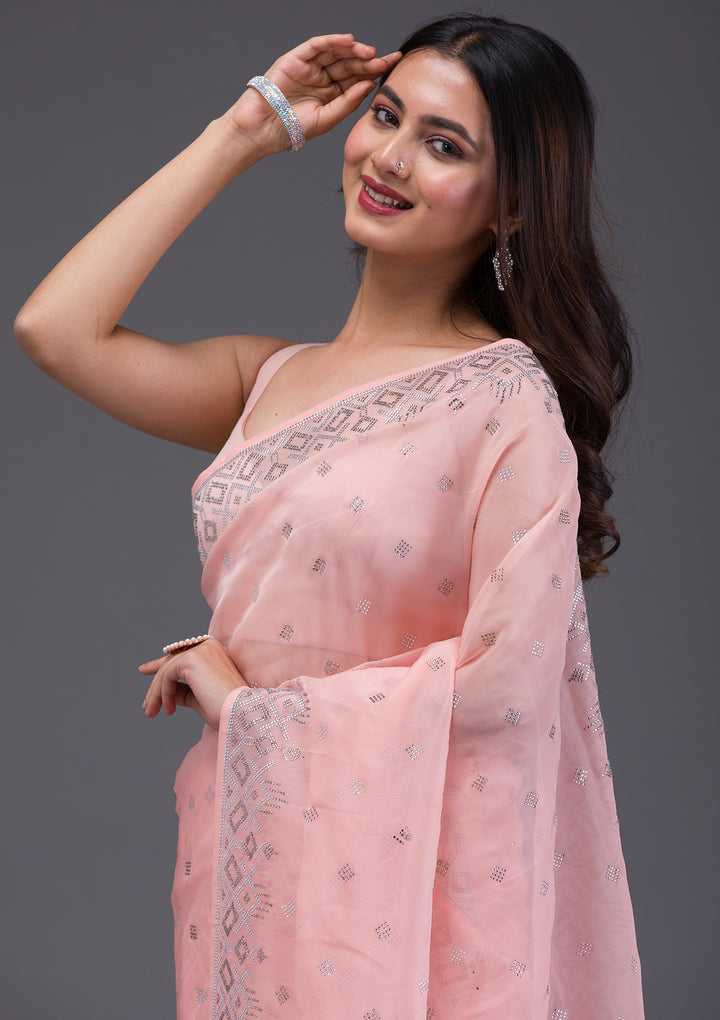 Peach Swarovski Satin Saree