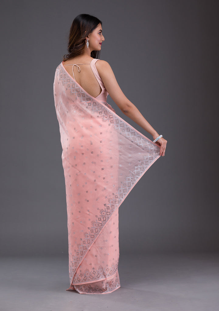 Peach Swarovski Satin Saree