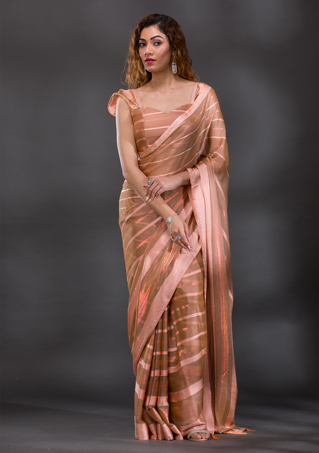 Peach Swarovski Shimmer Georgette Saree