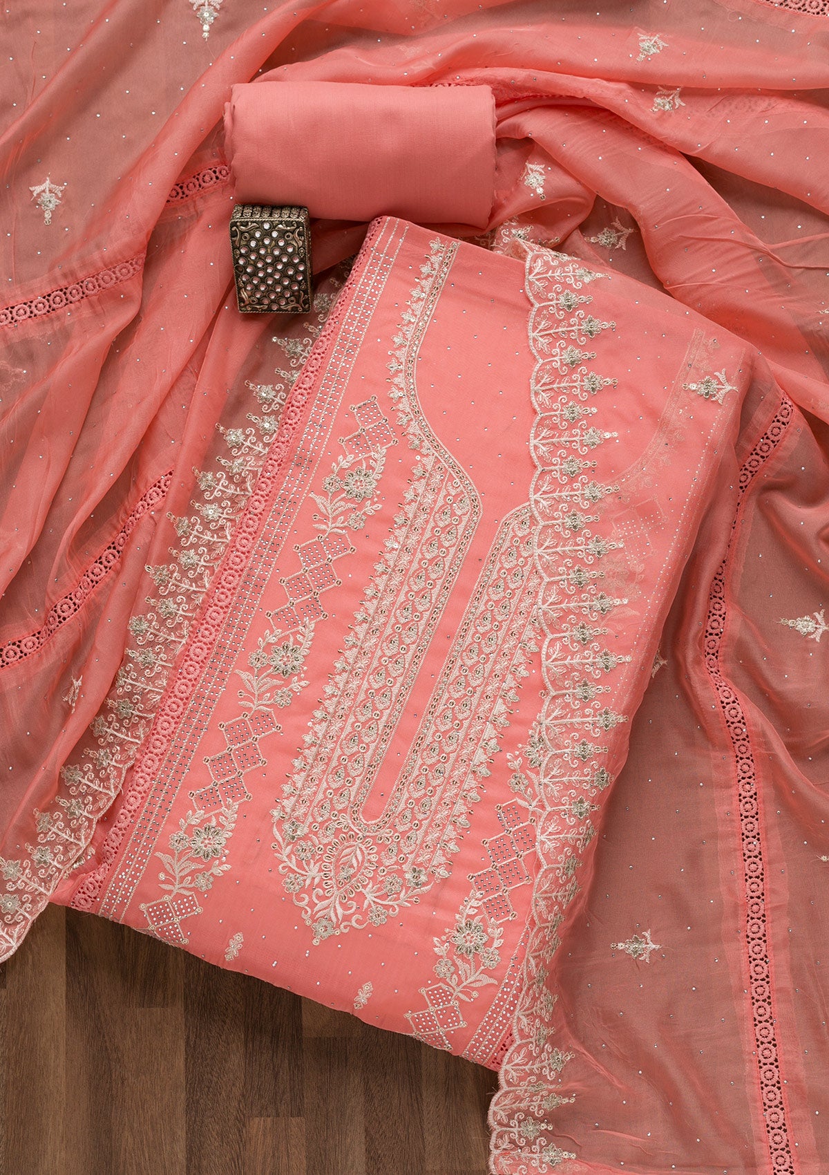 Peach Swarovski Tissue Unstitched Salwar Suit