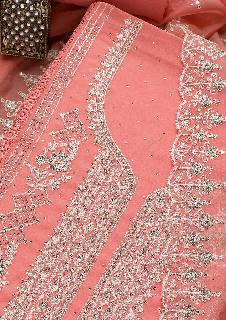 Peach Swarovski Tissue Unstitched Salwar Suit