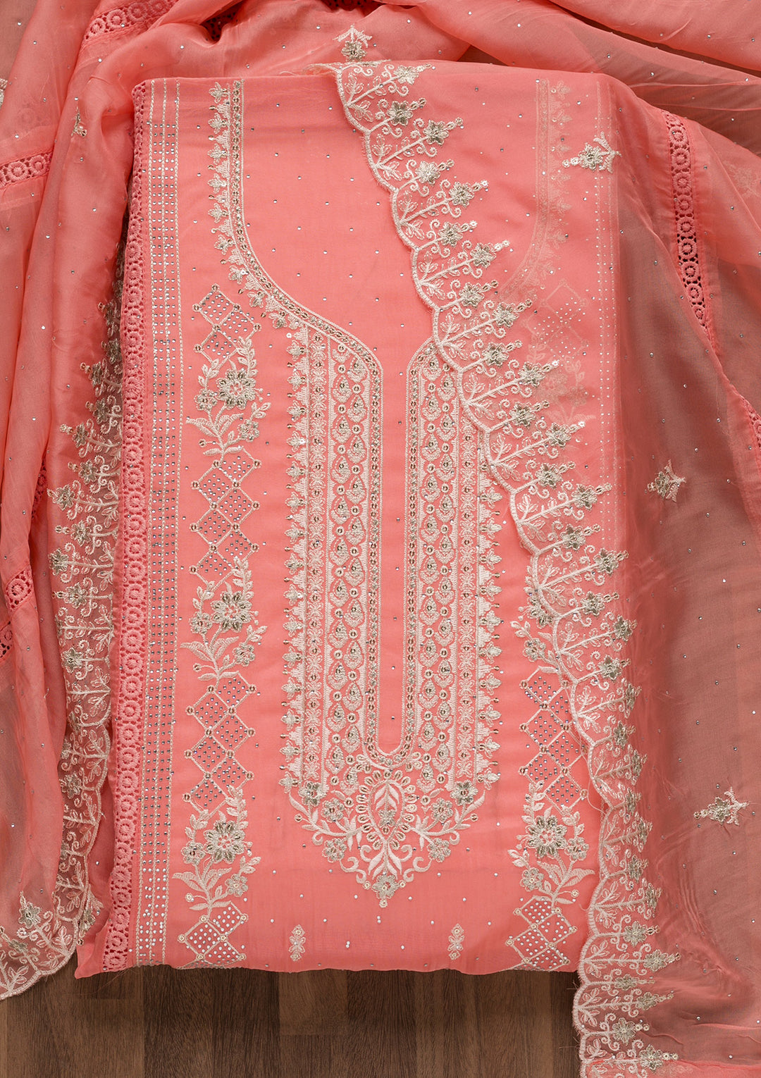 Peach Swarovski Tissue Unstitched Salwar Suit