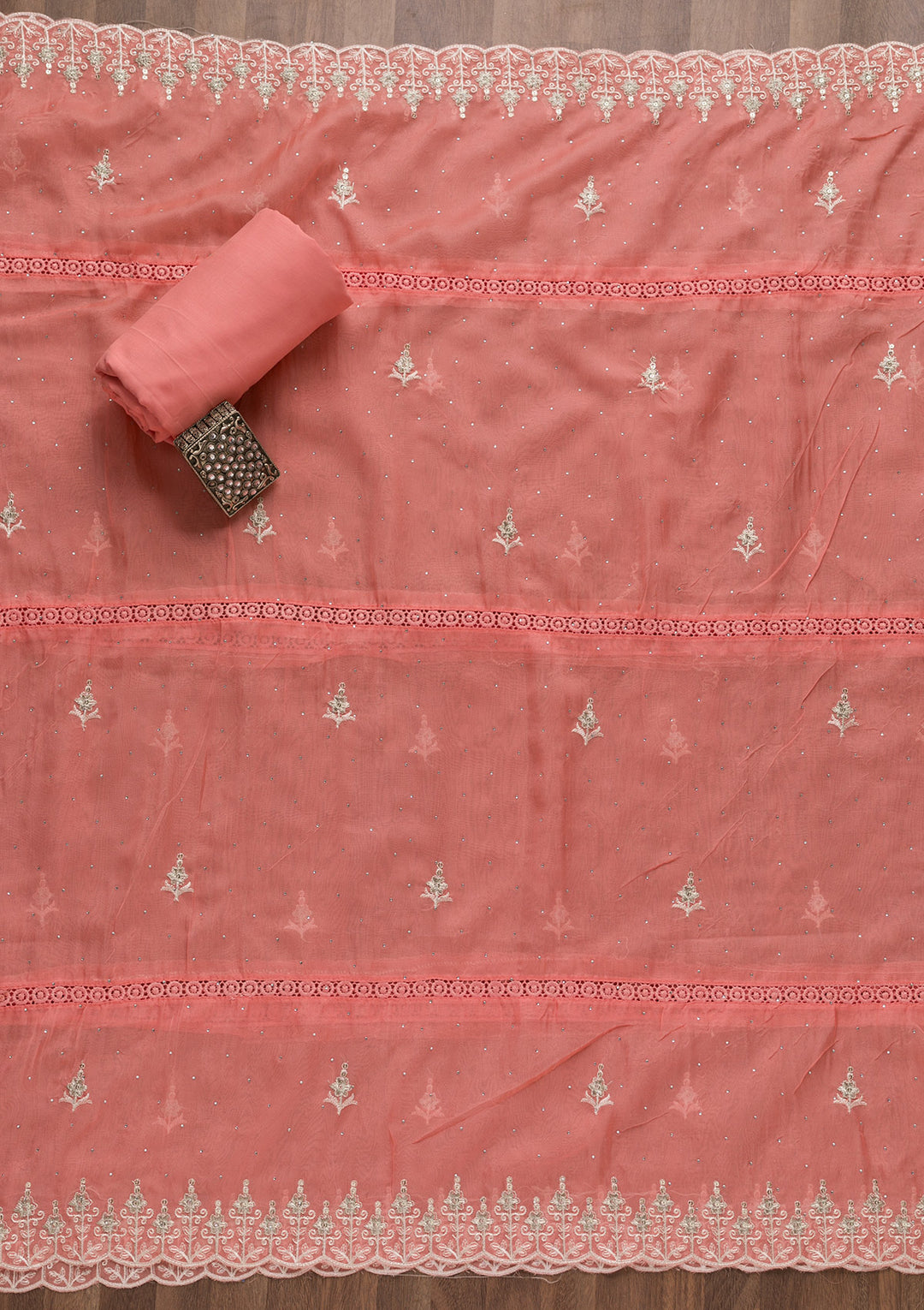 Peach Swarovski Tissue Unstitched Salwar Suit