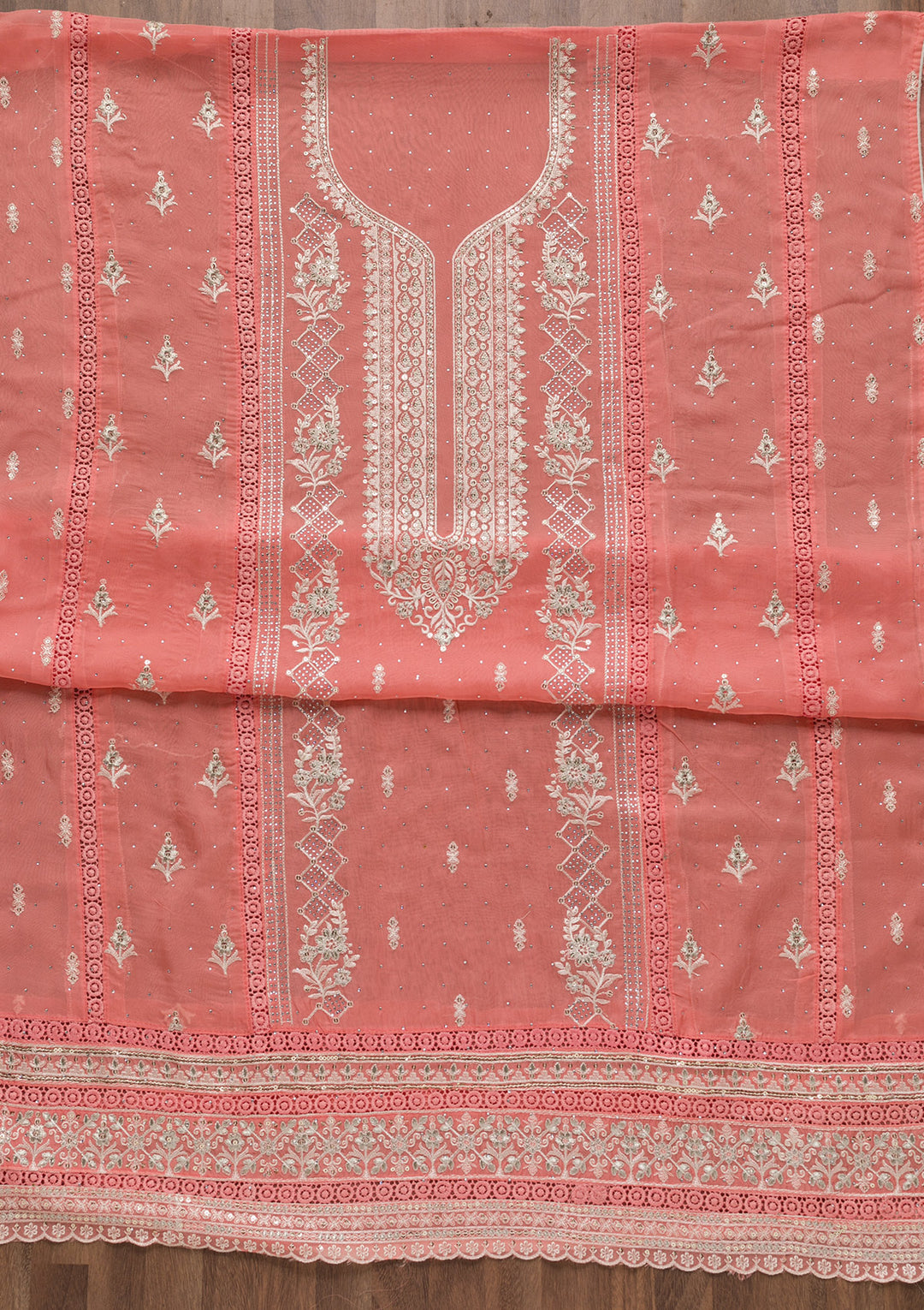 Peach Swarovski Tissue Unstitched Salwar Suit