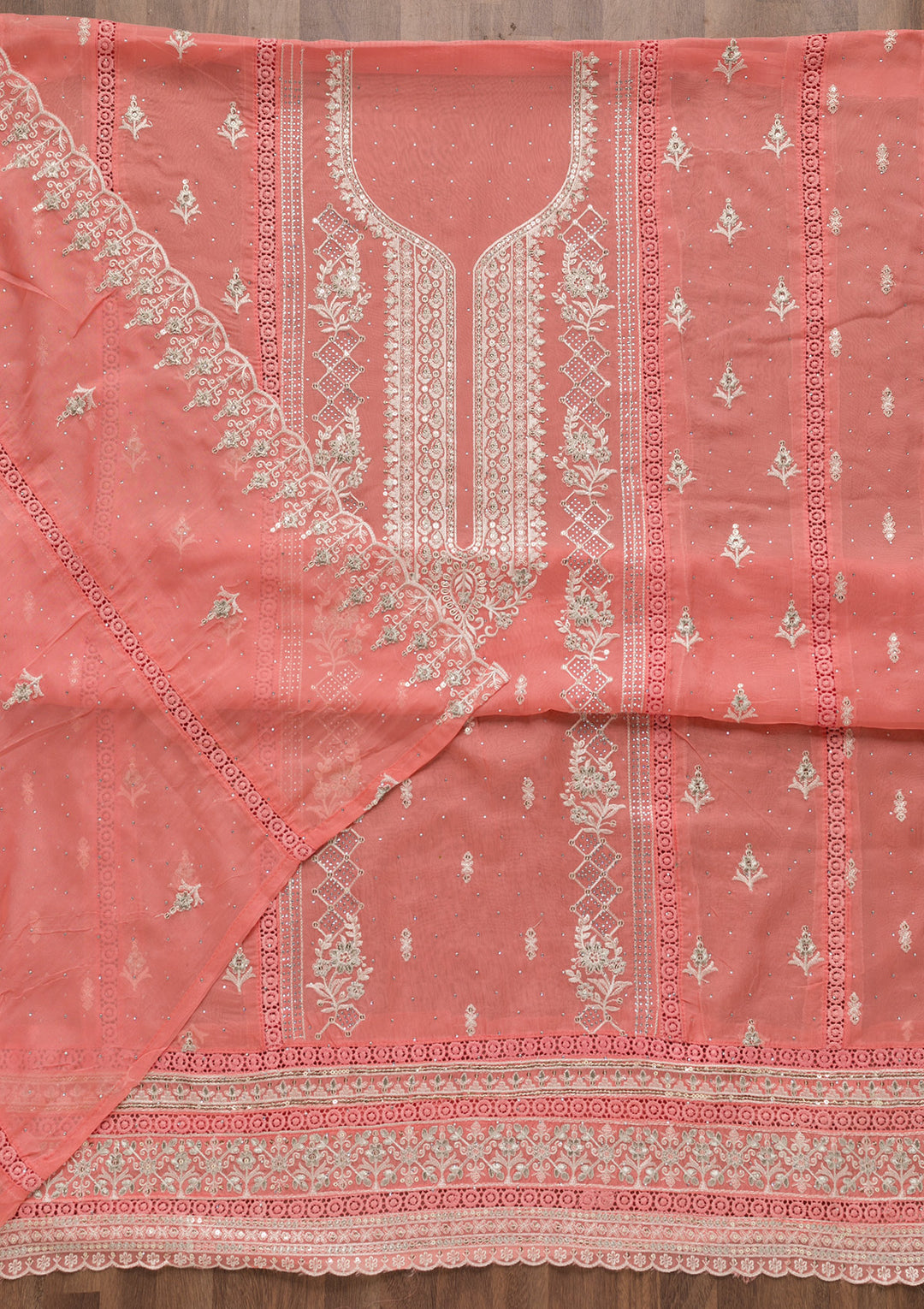 Peach Swarovski Tissue Unstitched Salwar Suit