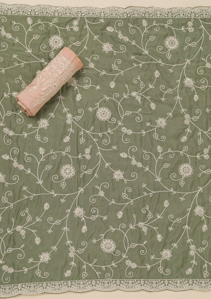 Peach Threadwork Art Silk Unstitched Salwar Suit