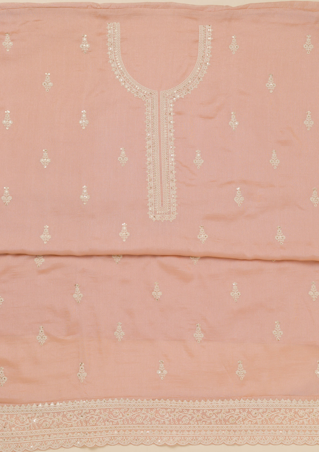 Peach Threadwork Art Silk Unstitched Salwar Suit