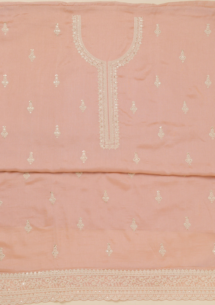 Peach Threadwork Art Silk Unstitched Salwar Suit