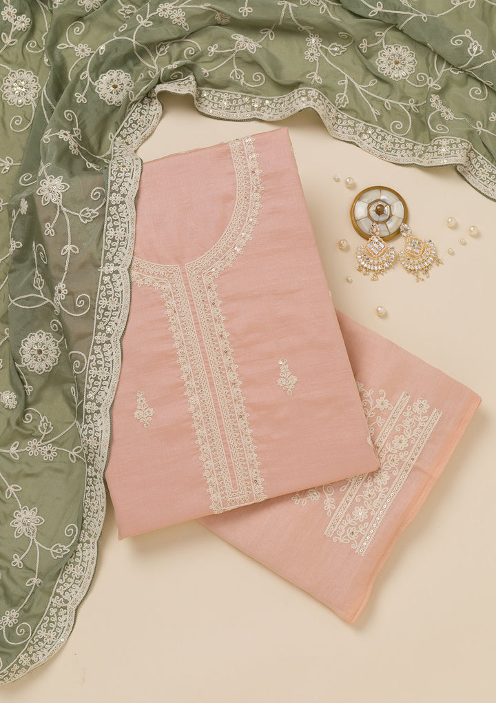 Peach Threadwork Art Silk Unstitched Salwar Suit