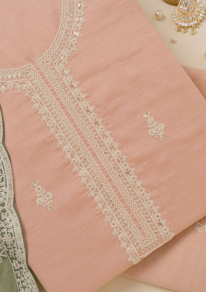 Peach Threadwork Art Silk Unstitched Salwar Suit