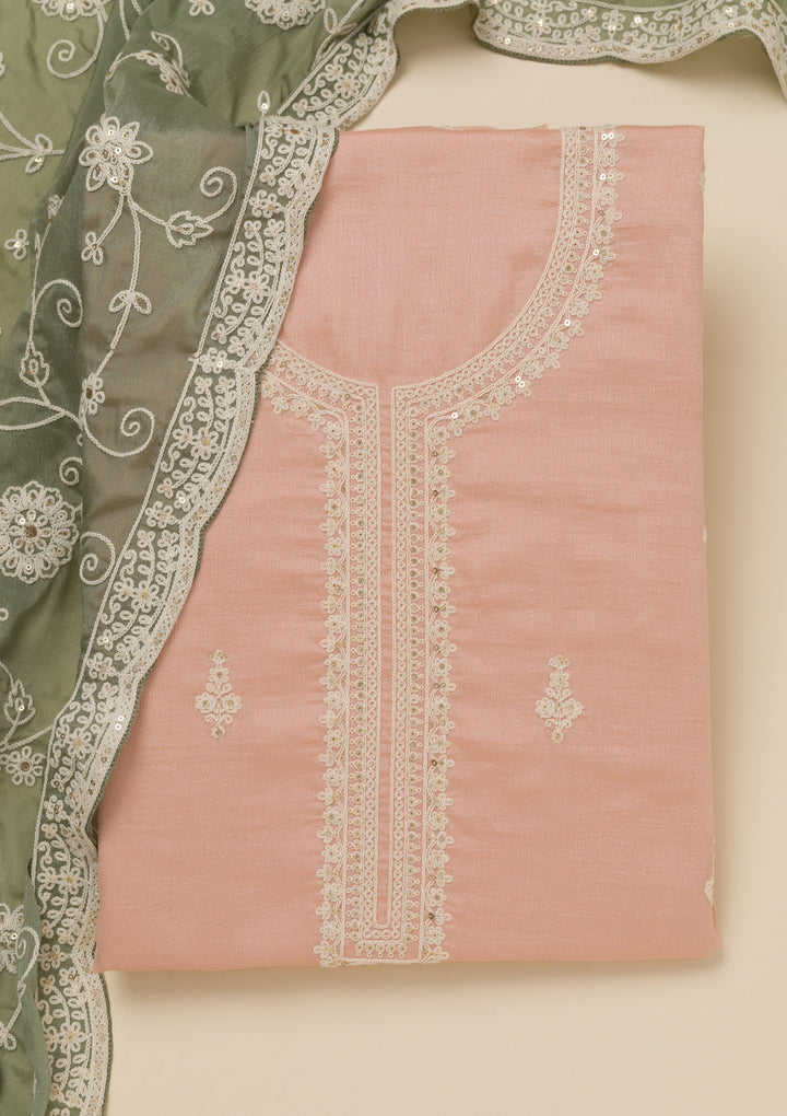Peach Threadwork Art Silk Unstitched Salwar Suit