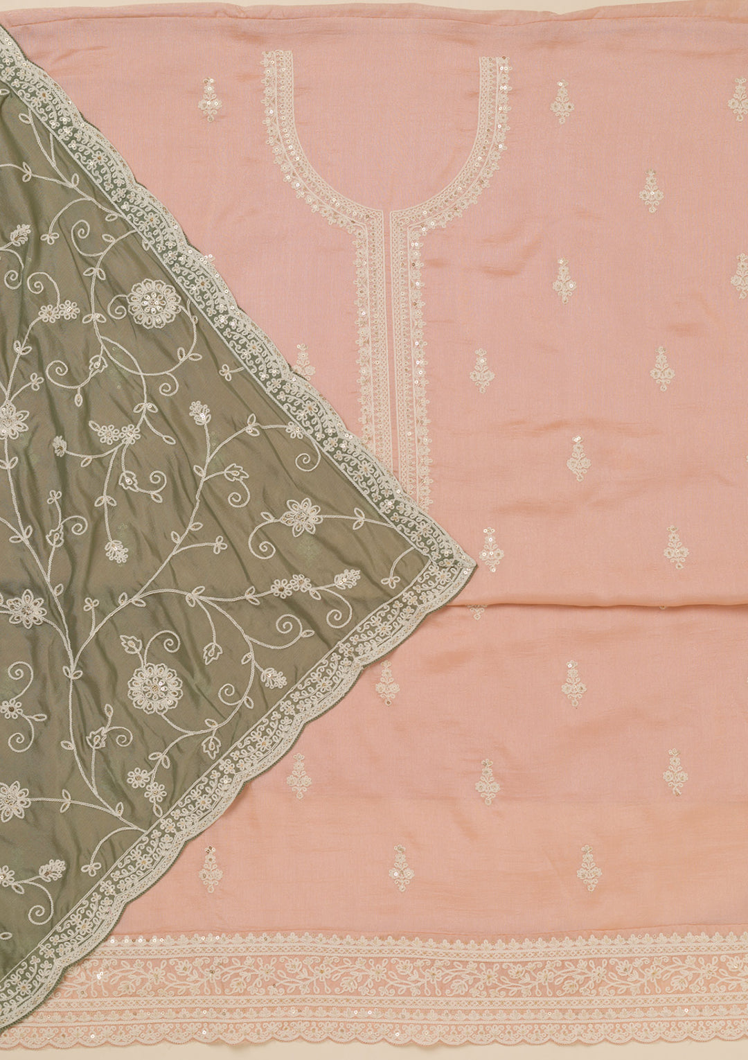 Peach Threadwork Art Silk Unstitched Salwar Suit