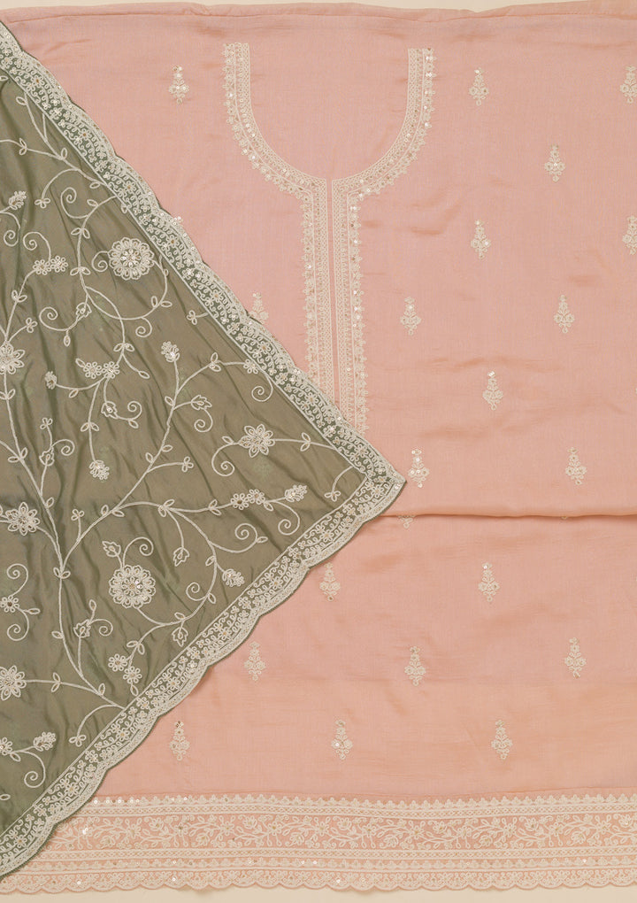 Peach Threadwork Art Silk Unstitched Salwar Suit