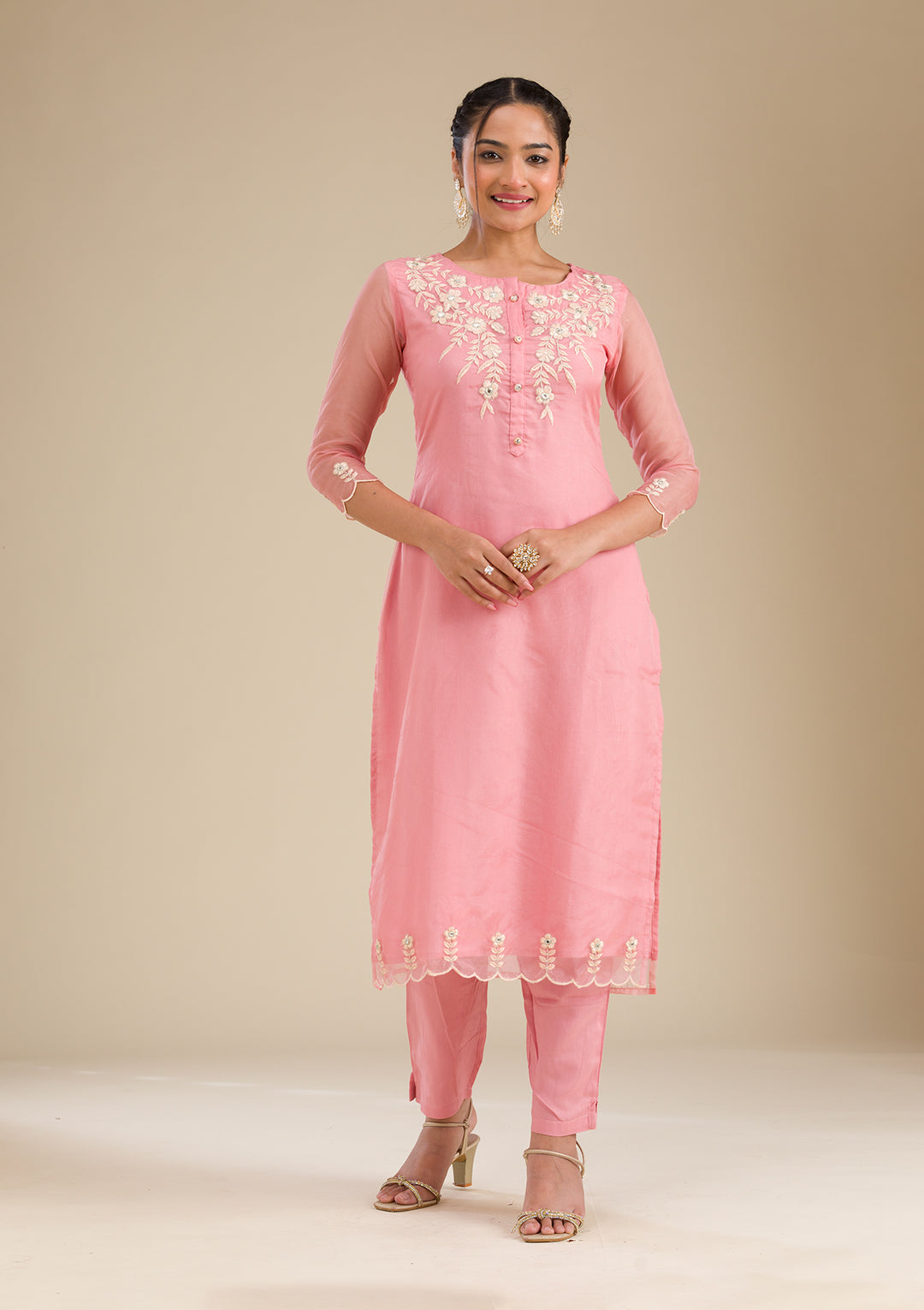 Peach Threadwork Chiffon Readymade Salwar Suit