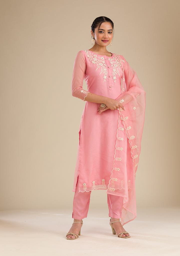 Peach Threadwork Chiffon Readymade Salwar Suit