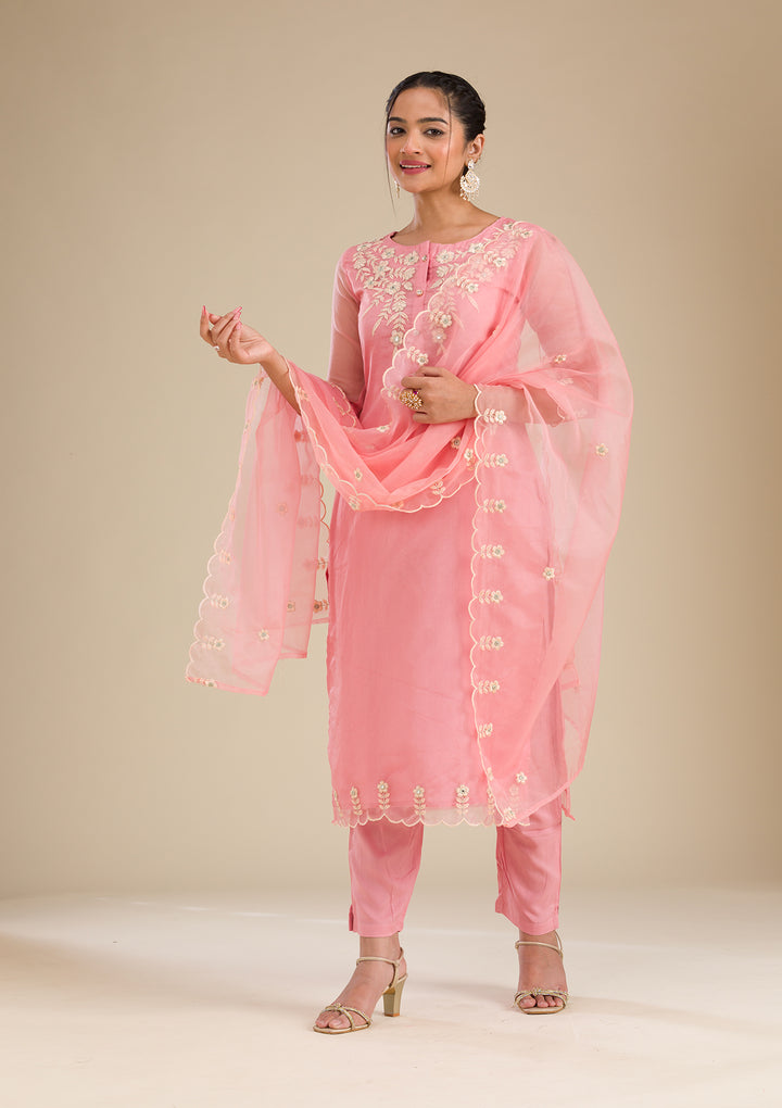 Peach Threadwork Chiffon Readymade Salwar Suit